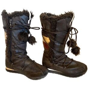 Bakers Boots Women's 7 / 37 Brown Fur Zip Up‎ Lace Up Insulated Mid Calf Y2K